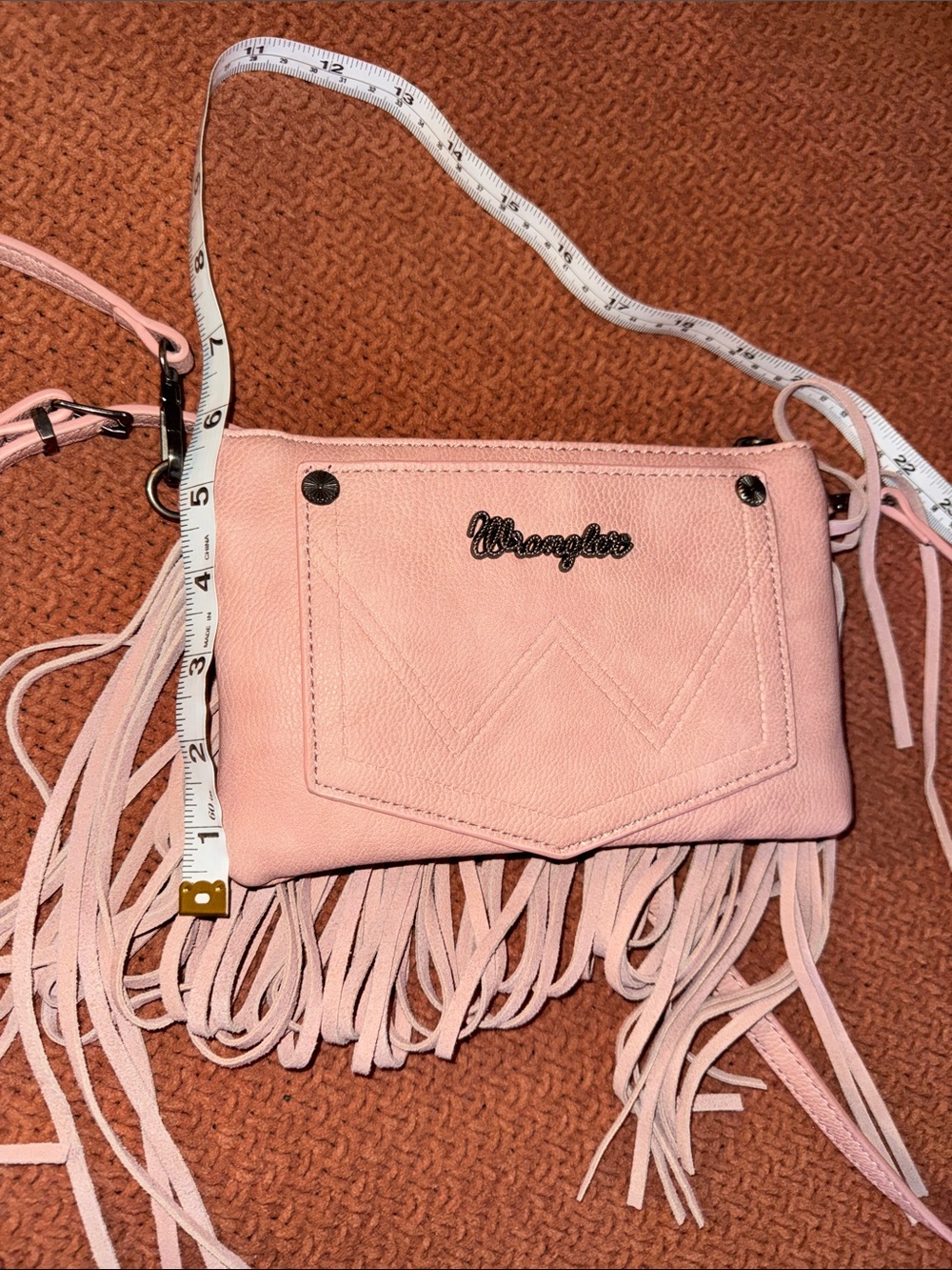 Wrangler Pink Floral Fringe Crossbody Purse with Taupe Fringe - Picture 12 of 12